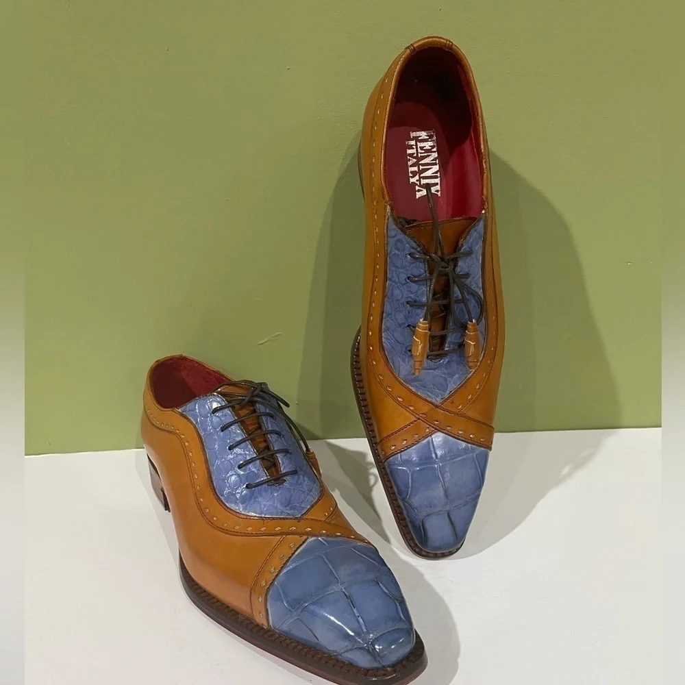 Fennix Italy shoes leather calf/alligator cognac/blue cap toe - Picture 1 of 5